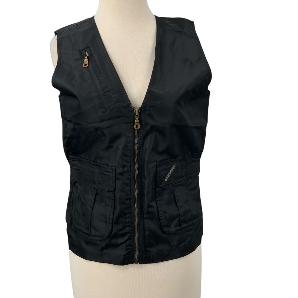 Harley-Davidson Womens Black Nylon Utility Vest Zip Front Embroidered Logo XS